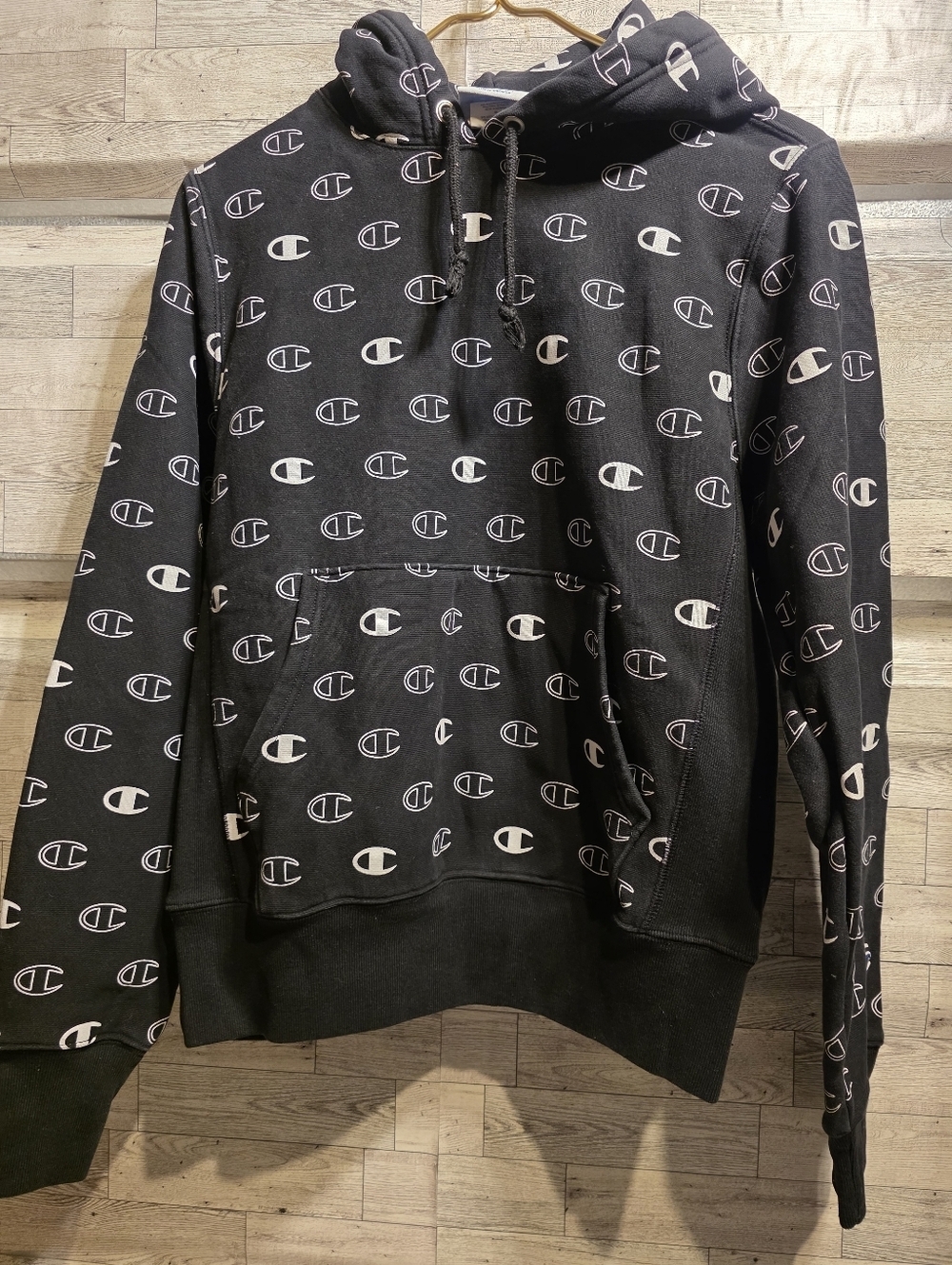 Champion Black Hoodie with White Logo Print